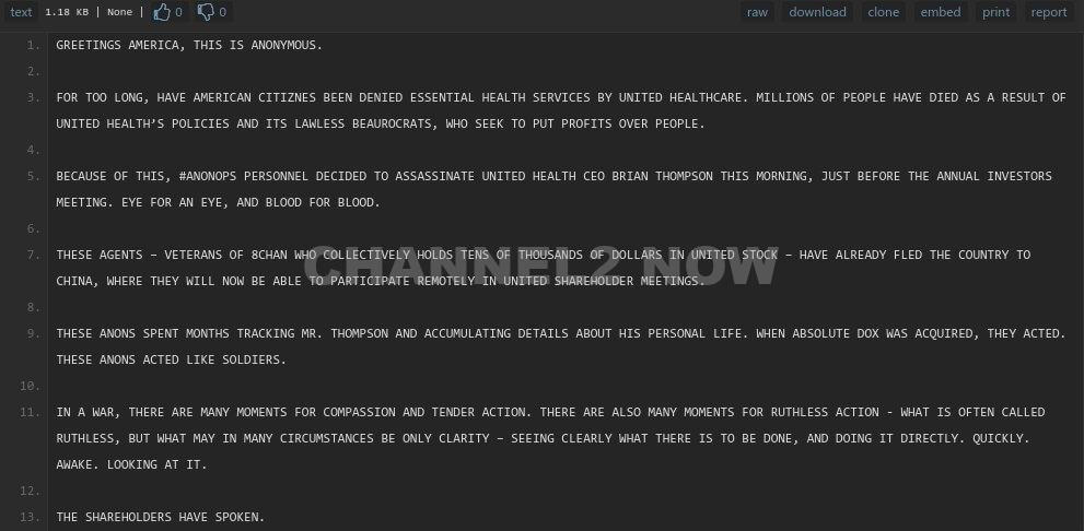 Statement Purportedly From Anonymous Regarding the Assassination of UnitedHealth CEO Brian Thompson