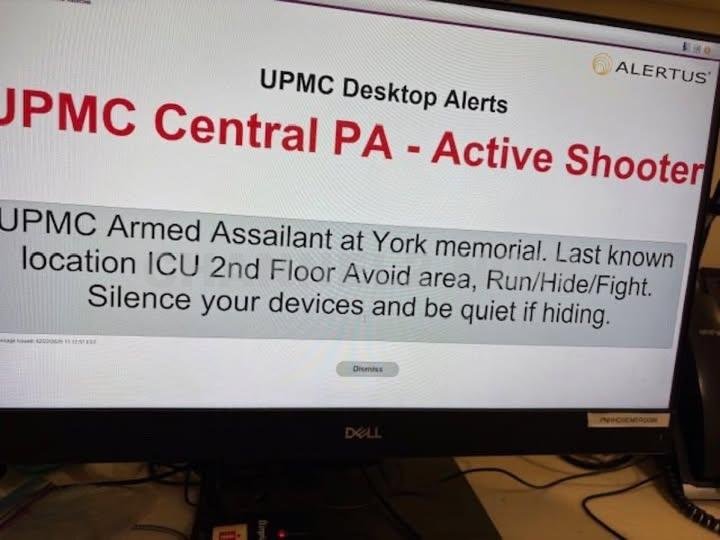 Photo shows desktop alert of active shooter at UPMC Memorial Hospital in York, Pennsylvania.
