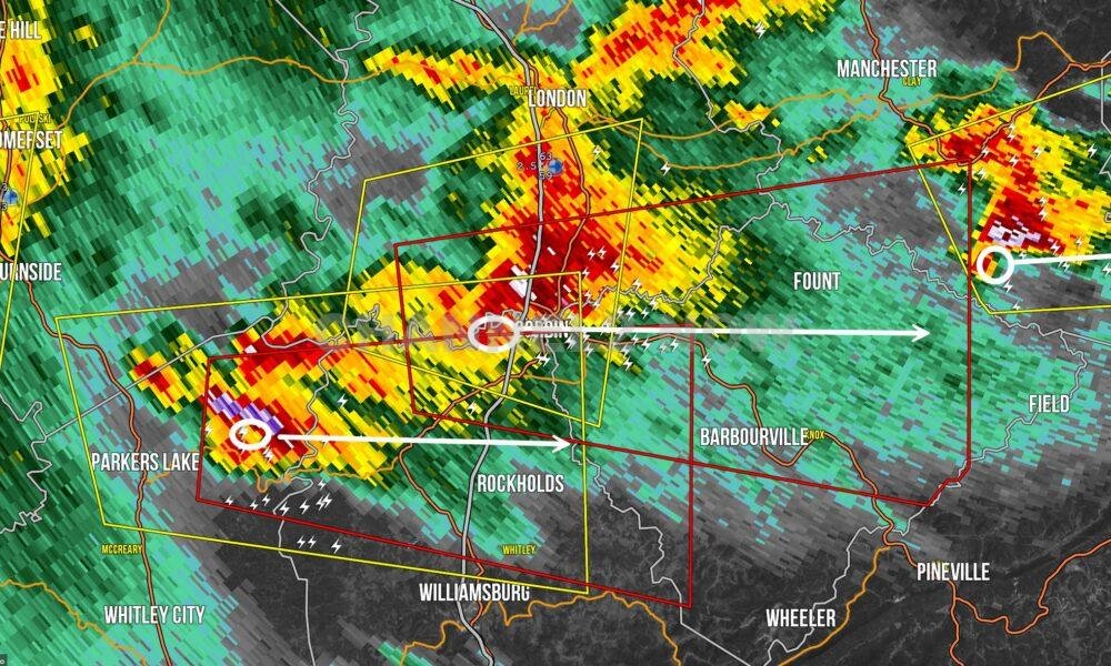 CORBIN, KY – A tornado warning has been issued for Corbin and Barbourville, Kentucky, as a dangerous supercell storm moves into the area. The National Weather Service has confirmed an area of circulation entering Downtown Corbin, with another rotation detected southwest of the city.