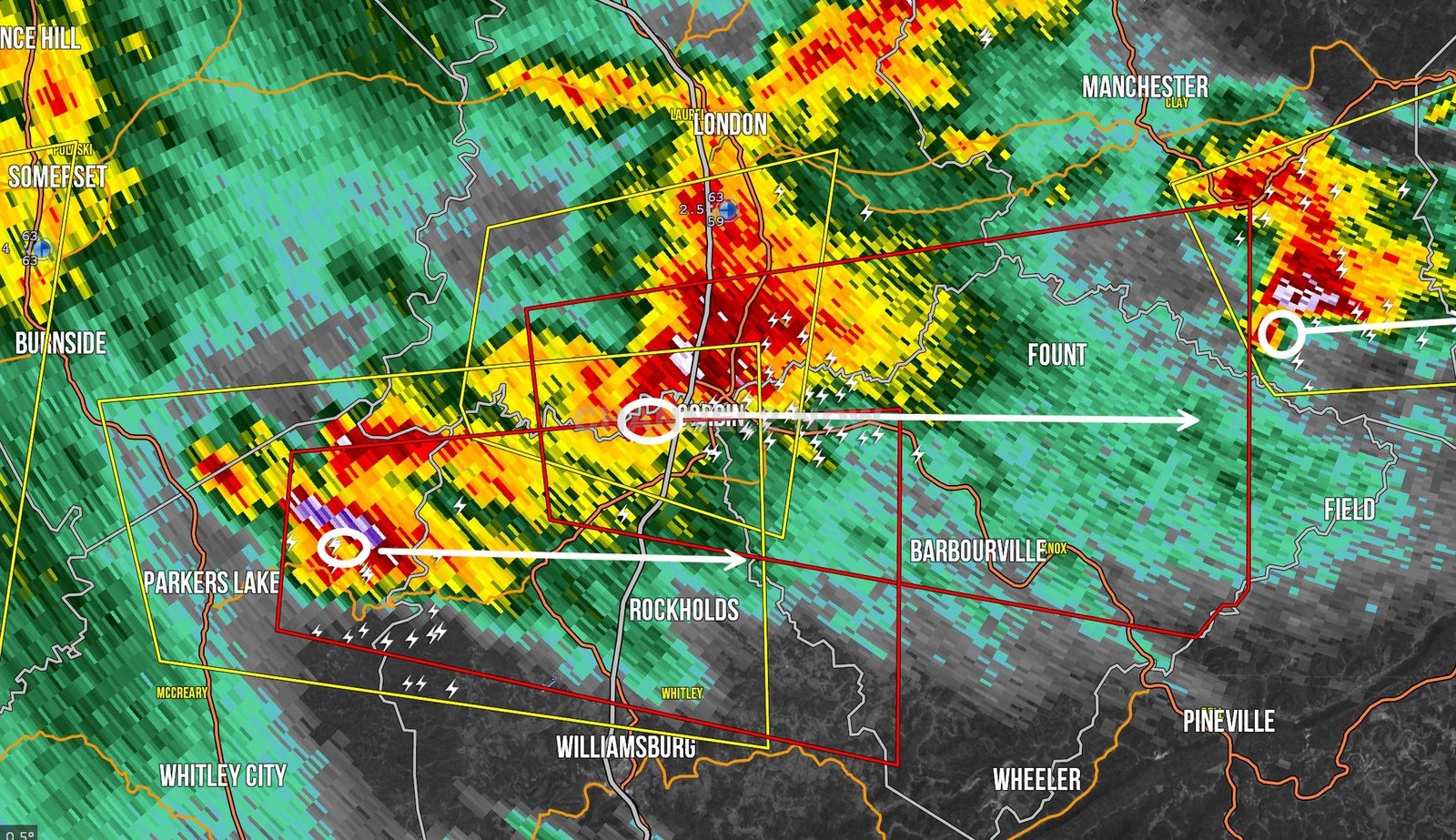 CORBIN, KY – A tornado warning has been issued for Corbin and Barbourville, Kentucky, as a dangerous supercell storm moves into the area. The National Weather Service has confirmed an area of circulation entering Downtown Corbin, with another rotation detected southwest of the city.