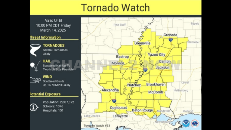 Tornado Watch Issued for Parts of Louisiana, Arkansas, and Mississippi