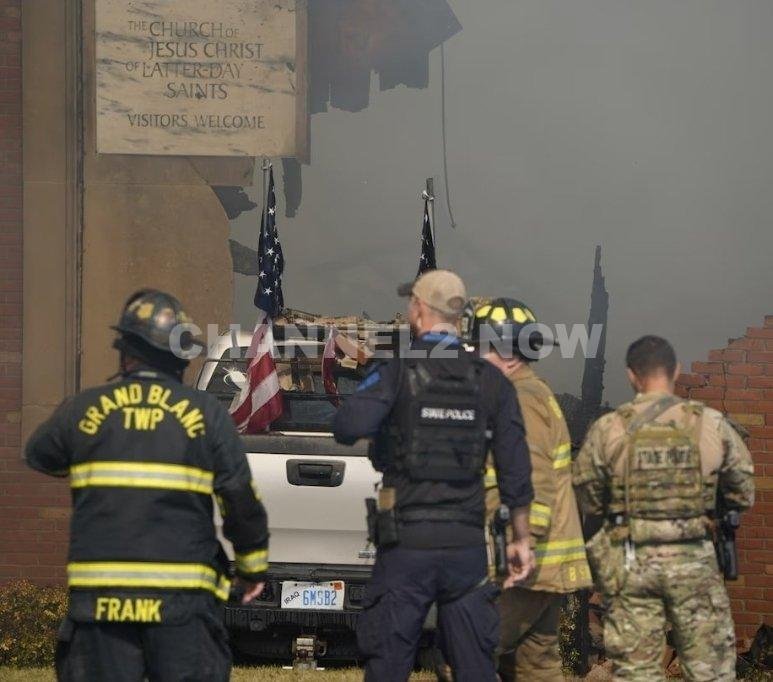 Close up of the 40-year-old suspects truck. Says IRAQ! Is the shooter a Veteran? Rammed his vehicle into the Church of Jesus Christ of Latter-day Saints in Grand Blanc Michigan. Open fired on worshippers, then set Church on fire.
