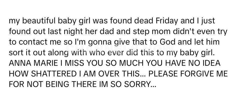 This development appears to align with earlier information circulating about the case. The message shown was posted by Anna Kepner’s biological mother, Tabitha Kepner, and originates from her TikTok account.