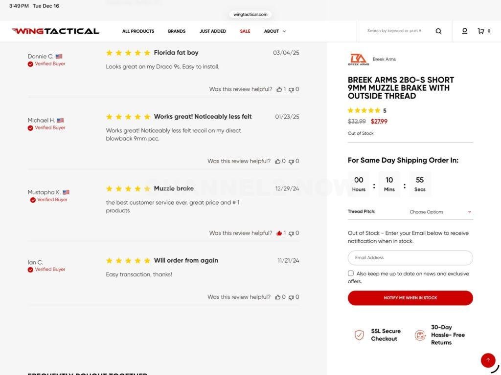 A verified buyer from the United States with the name "Mustapha K." reviewed a 9MM muzzle brake through the Wing Tactical website on December 29th, 2024 — the same caliber used in the Brown shooting. 